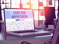 Cost Per Impression Concept Closeup on Landing Page of Laptop Screen in Modern Office Workplace. Toned Image with Selective Focus. 3D Render.